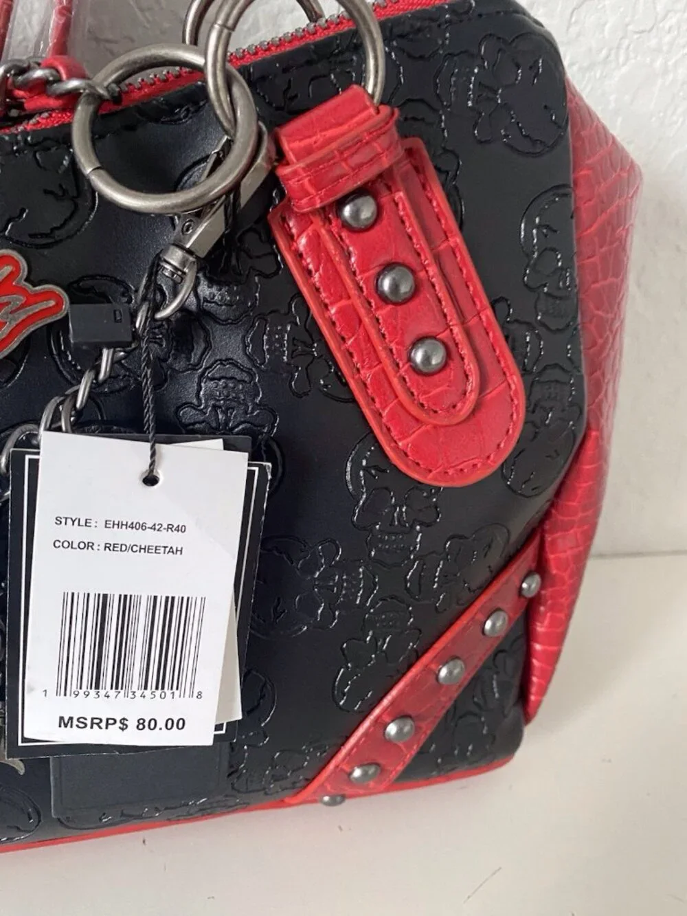 Ed Hardy Black Red Tote Satchel Chain Charm Studded Croc Embossed‎ Skulls NEW